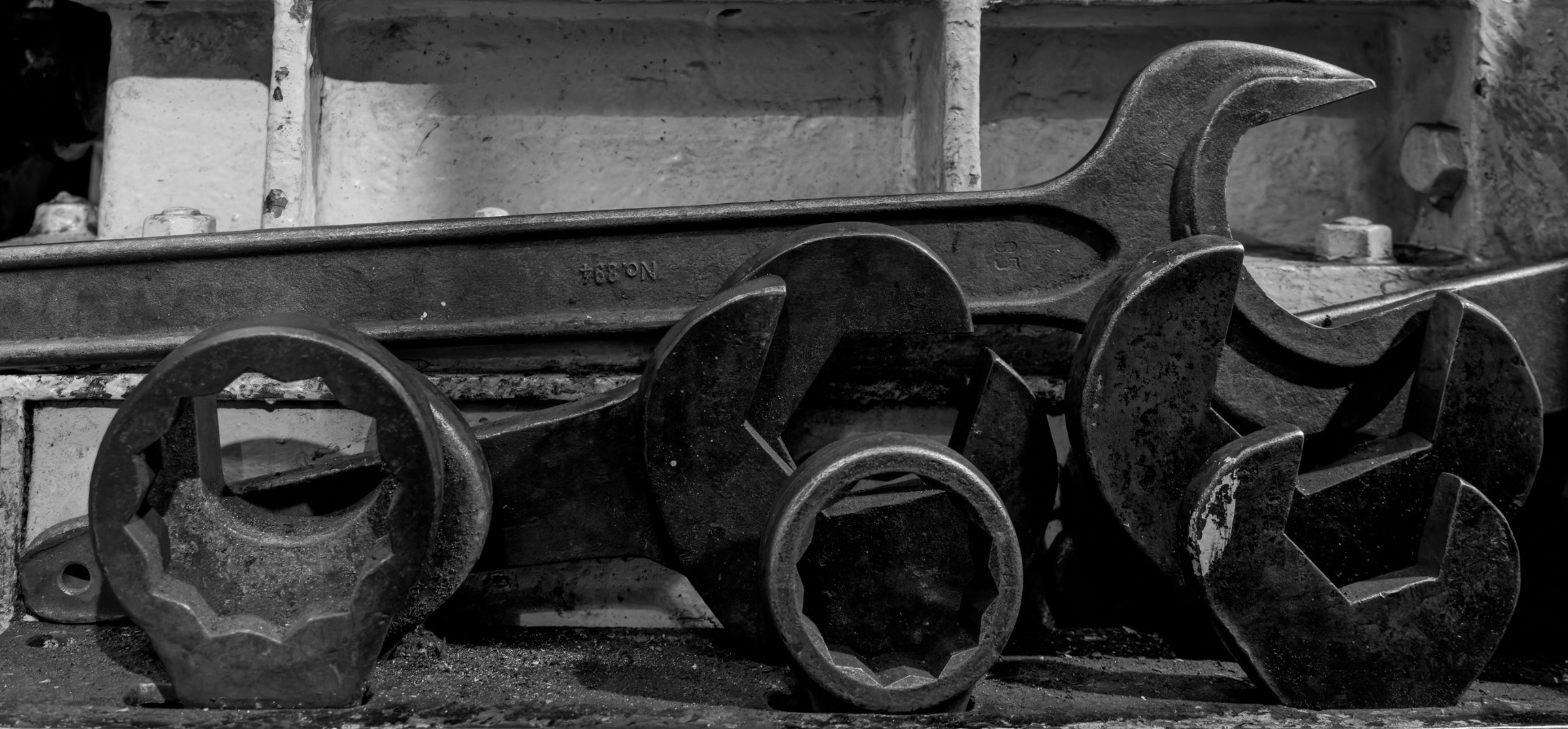 SS Stettin engine room, Plate 6: Spanners, No. 894 — photograph by Don Gillikin